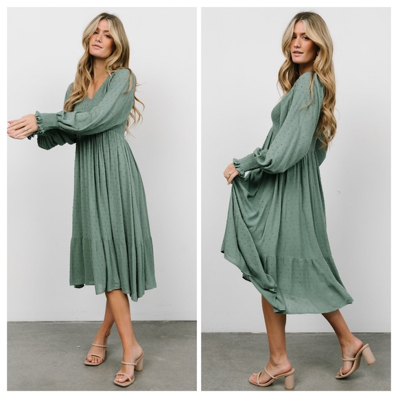 Baltic Born Dresses & Skirts - NWT Baltic Born Lainey Smocked Dotted Midi Dress in Dark Sage